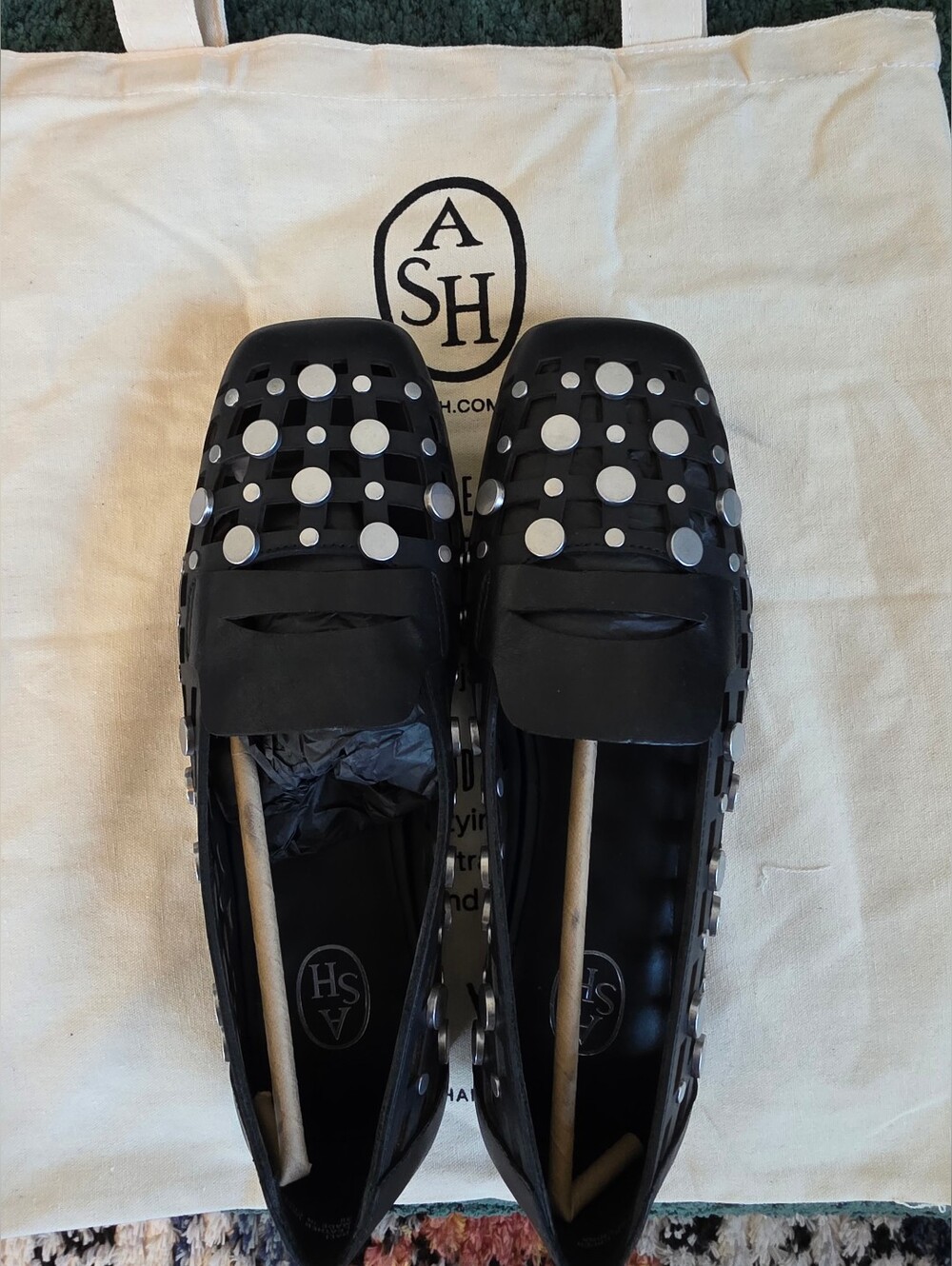 ASH Bali Square Toe Open Weave Studded Loafer | Black - Black / 7.5-8US / 38EU